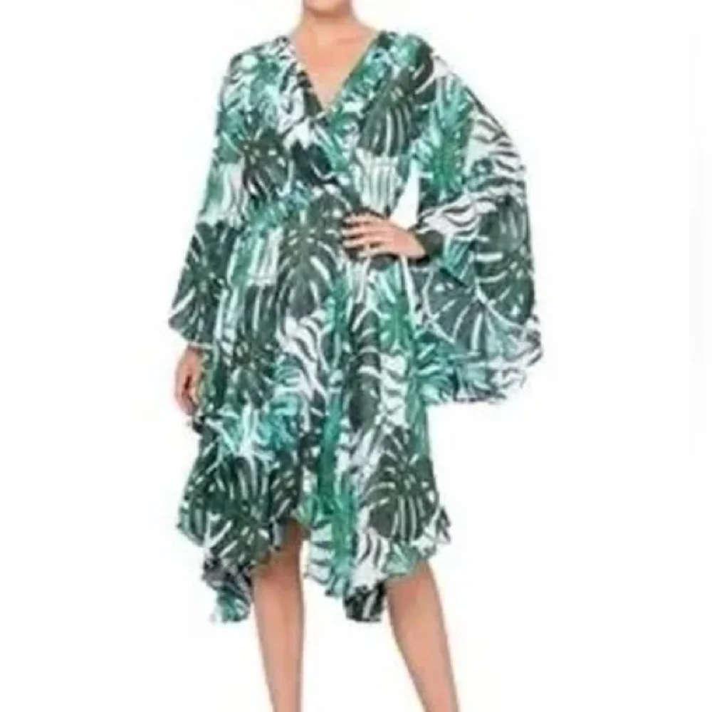 Meghan LA Tropical Leaf Print Handkerchief Dress - Picture 1 of 11
